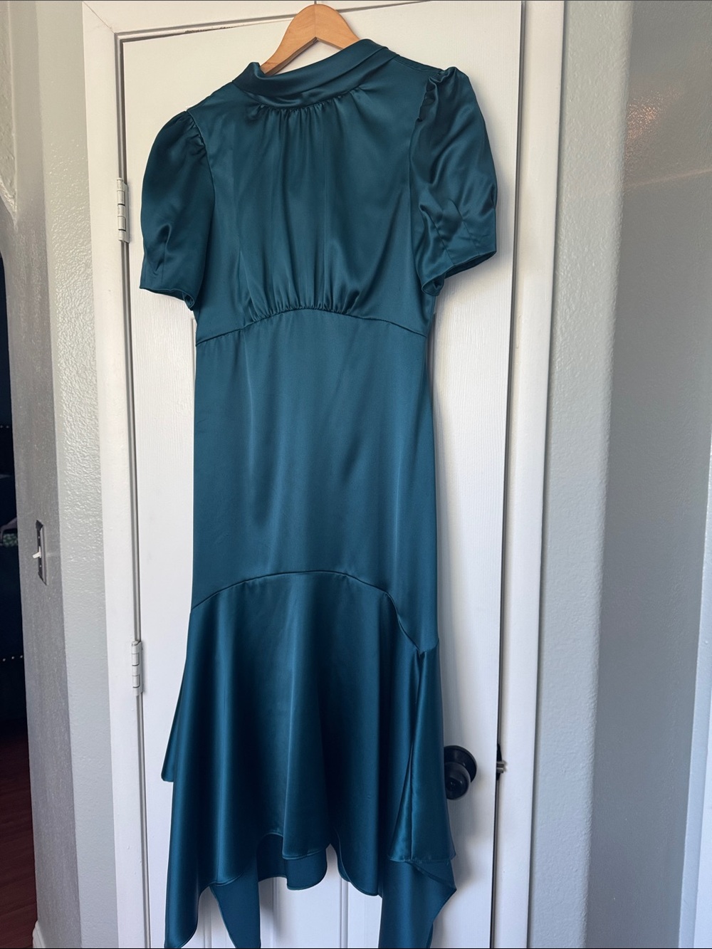 Satin Teal Short-Sleeve Midi Dress